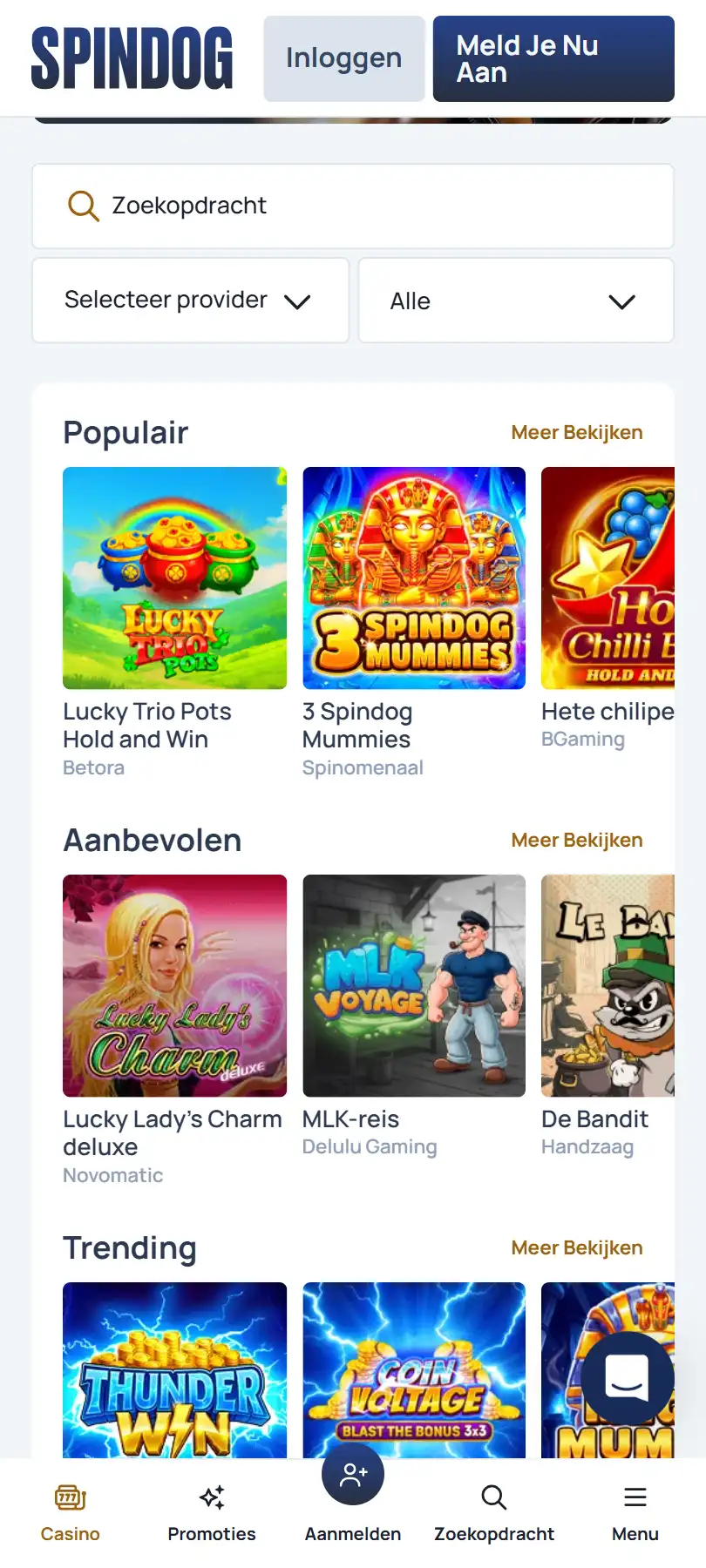 Actuele SpinDog mobiele webomgeving op smartphone