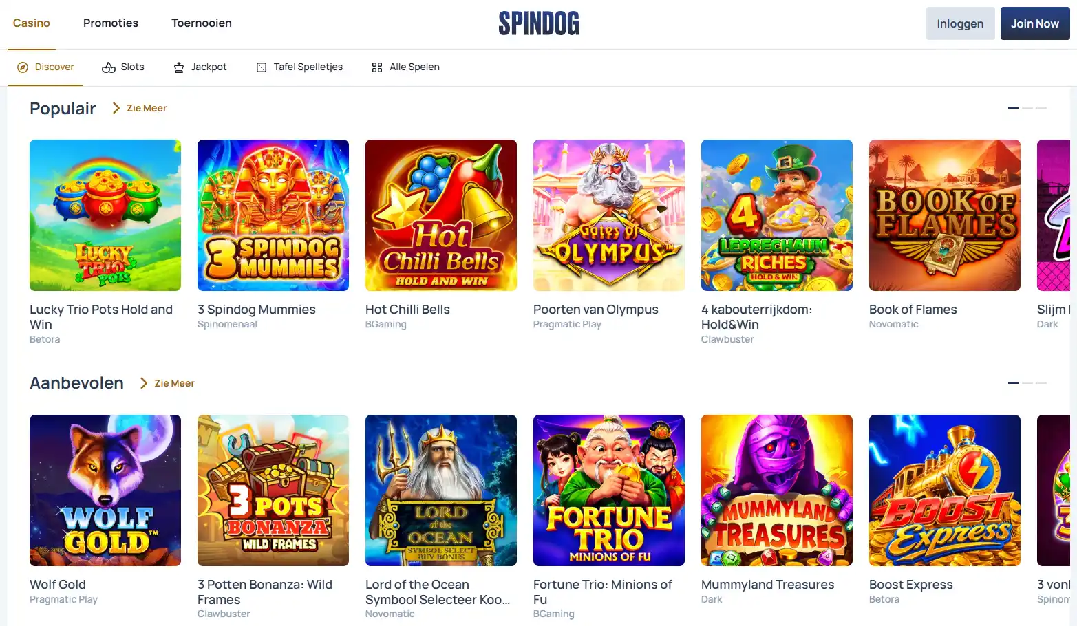 Actuele SpinDog speloverzicht met categorieën en spelaanbieders