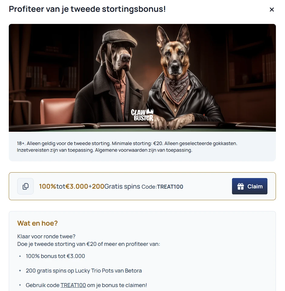 Actuele officiële SpinDog promotiepagina met bonuscode