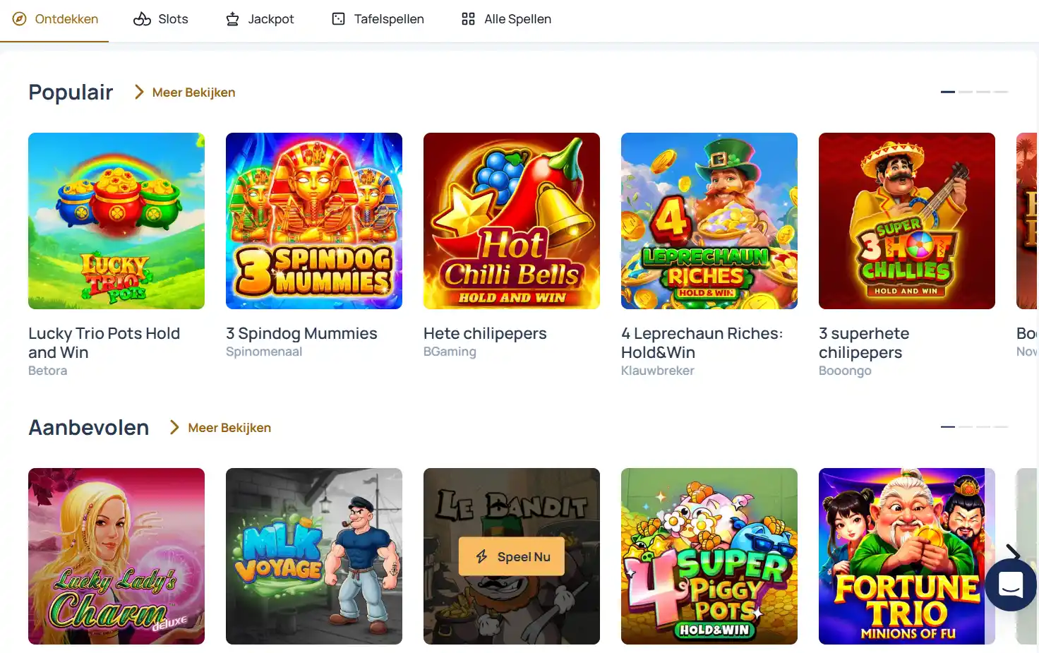 Actuele SpinDog casino-omgeving met spelcategorieën